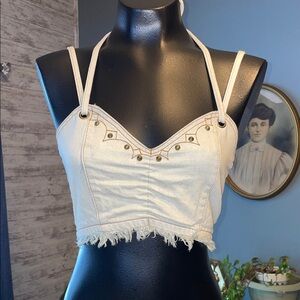Chic Beige Halter Crop Top with Stud Accents